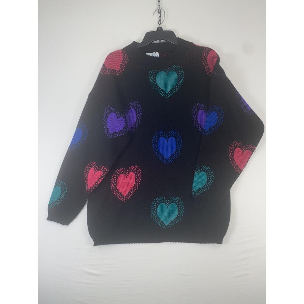 Village Fair Sweater Womens Large Black Multicolor Heart Pullover Made USA
